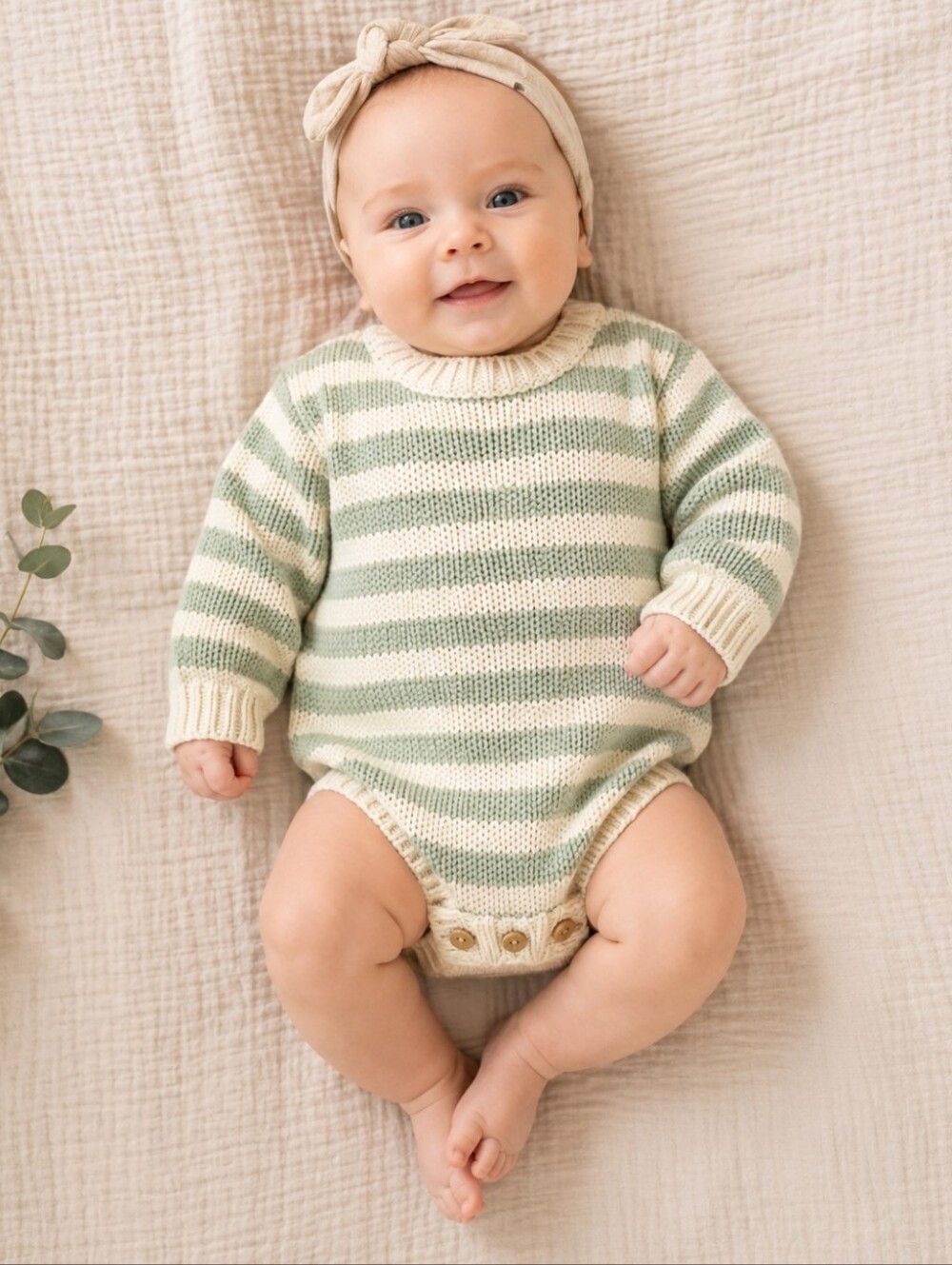 Quincy Mae Cream and Sage Striped Knit One-Piece | 0-3M